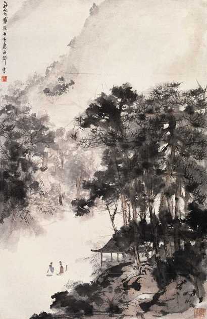 傅抱石 松荫访旧 立轴